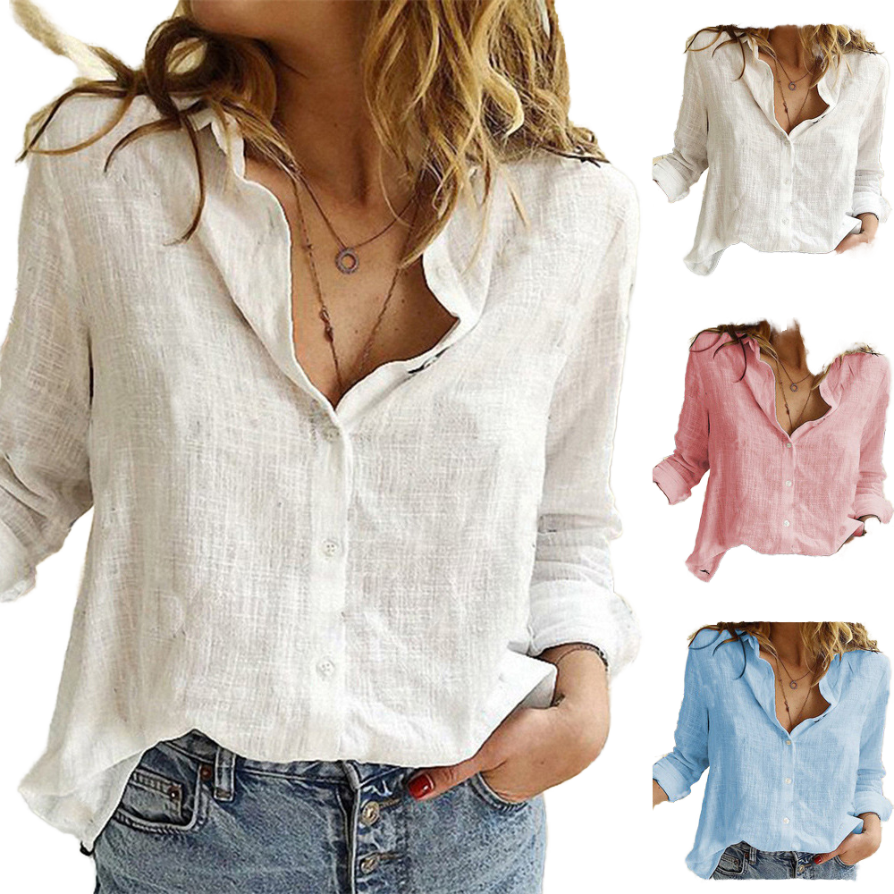 Women's Slim Cotton Linen V-Neck Shirt Roll-up Long Sleeve Solid Color Button Do