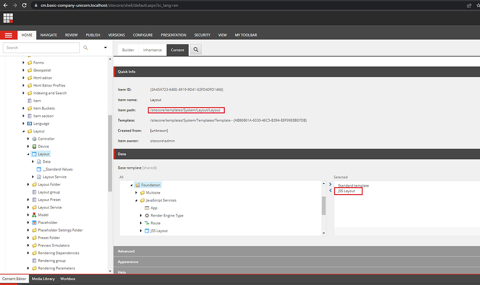 Screenshot illustrating how to configure root placeholders for a selected layout in the Sitecore content tree by navigating to the 'Layout Service Placeholders' field