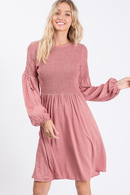 Thumbnail: SMOCKED  BODICE MIDI DRESS IN MAUVE