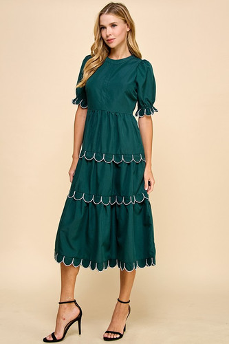 green emerald velvet dress Entro Jersey Knit Sporty Mini Dress Scalloped Hem Green Black D26339 –  rivers + roads boutique main image 1