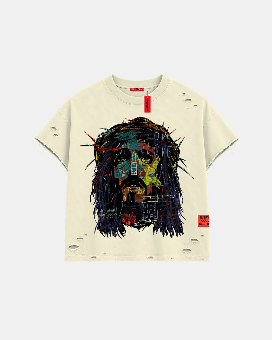 Red Label "Abstract Jesus V2" Distressed Tee (Cream)