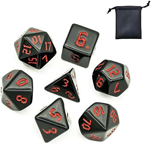 KSNDie 7-Die Polyhedral DND Dice Set, Black with Red Numbers