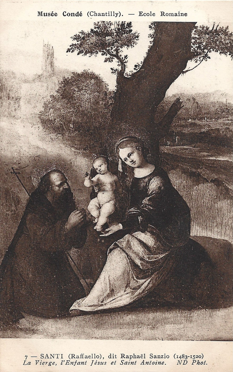 Sepia-toned painting: Madonna and Child with St. Joseph