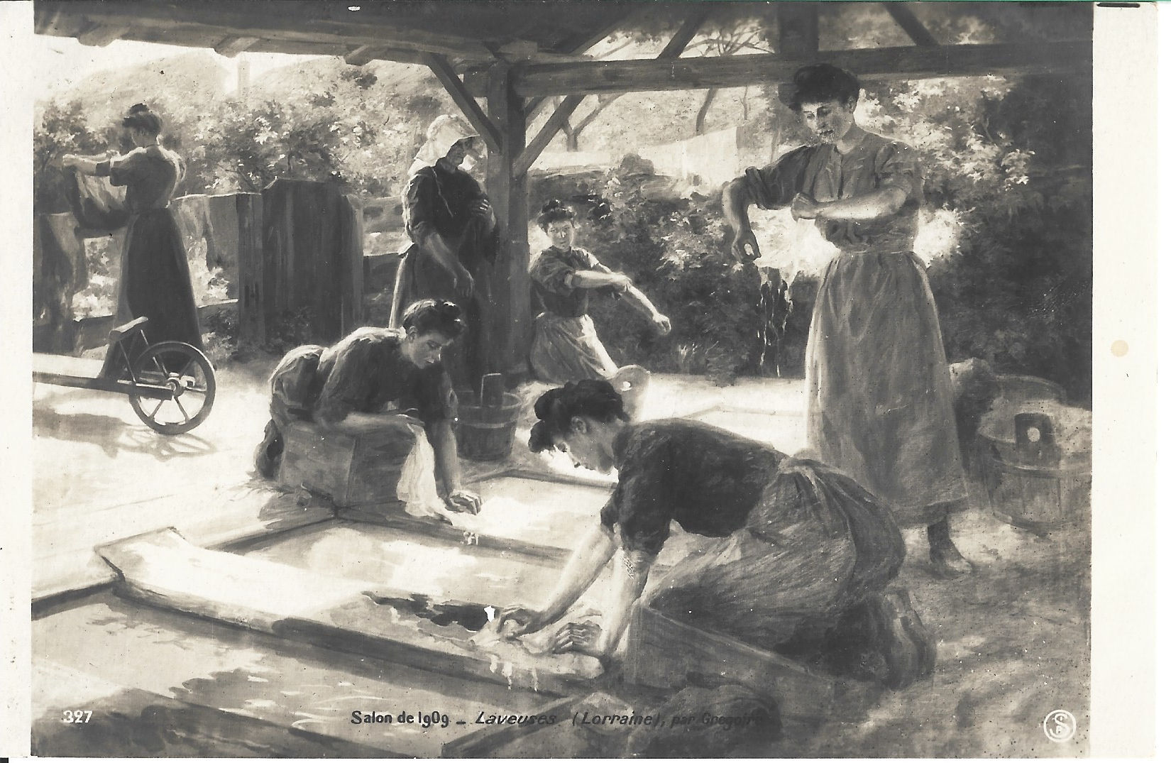 Women washing clothes outdoors, vintage photo