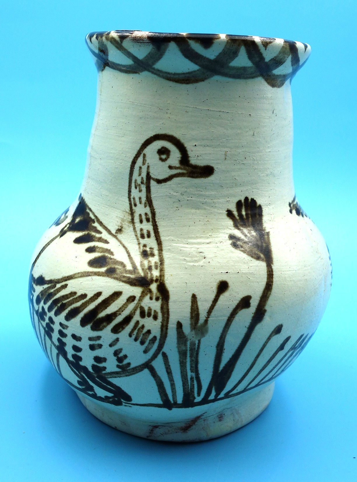 Hand-painted ceramic vase, geese and reeds