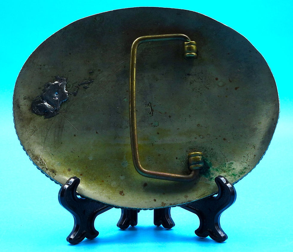 Vintage belt buckle back view, brass metal