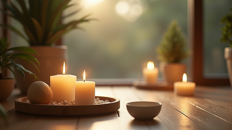 Close-up view of a serene meditation space with candles and plants