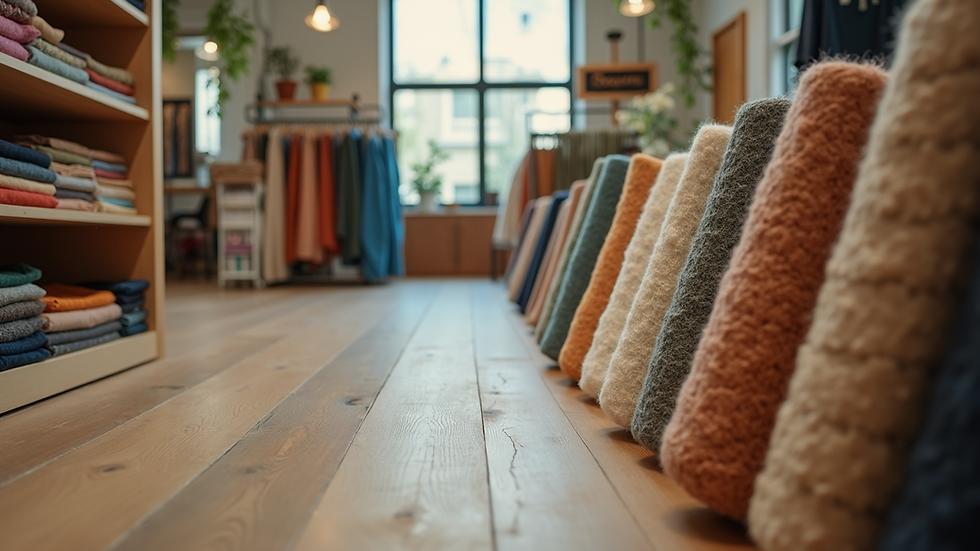 Eye-level view of a fabric shop with sustainable textile options