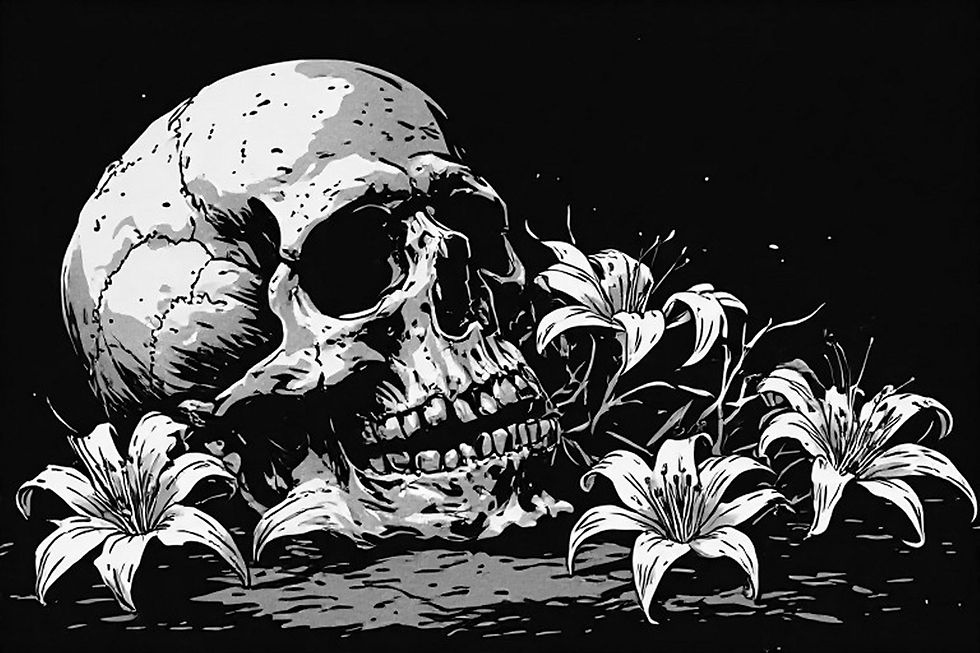 a skull with toxic lily flowers