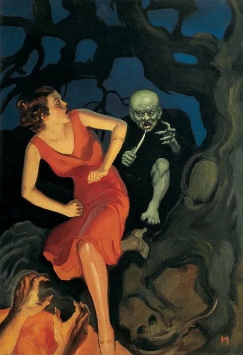 River of Pain pulp magazine illustration from 1934 frightened woman pursued by demonic figure and clutching hands through past a crooked tree