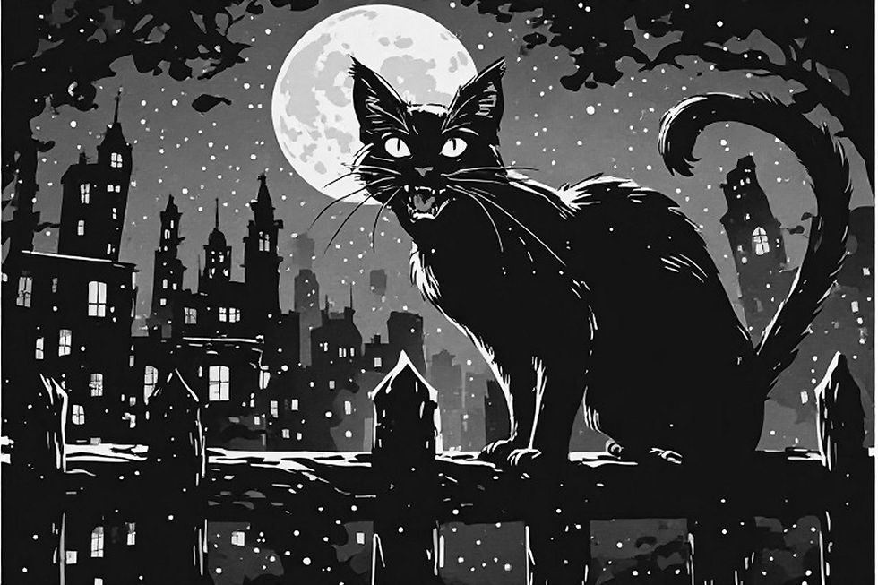 black cat yowling on a fence, full moon, cartoonish halloween cityscape