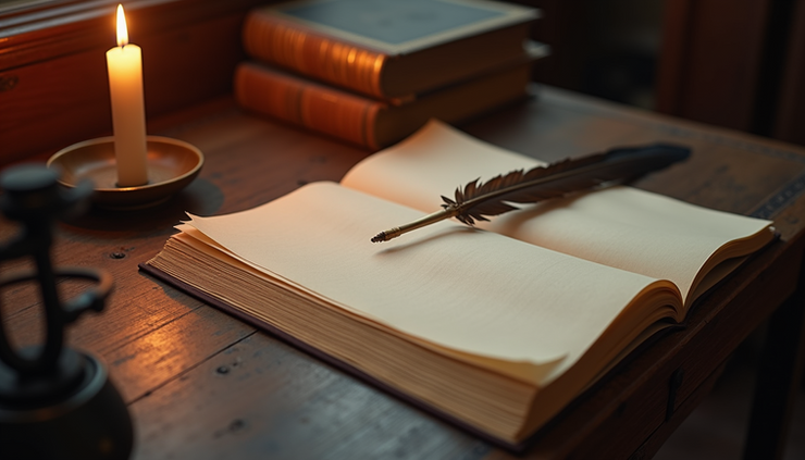 High angle view of a dimly lit Victorian writing desk with quill and parchment