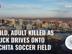 The downtown Wichita, Kansas, skyline by the Arkansas River, with the headline “Child, adult killed as truck drives onto Wichita soccer field,” a red NEWS tag and the TDFP logo.