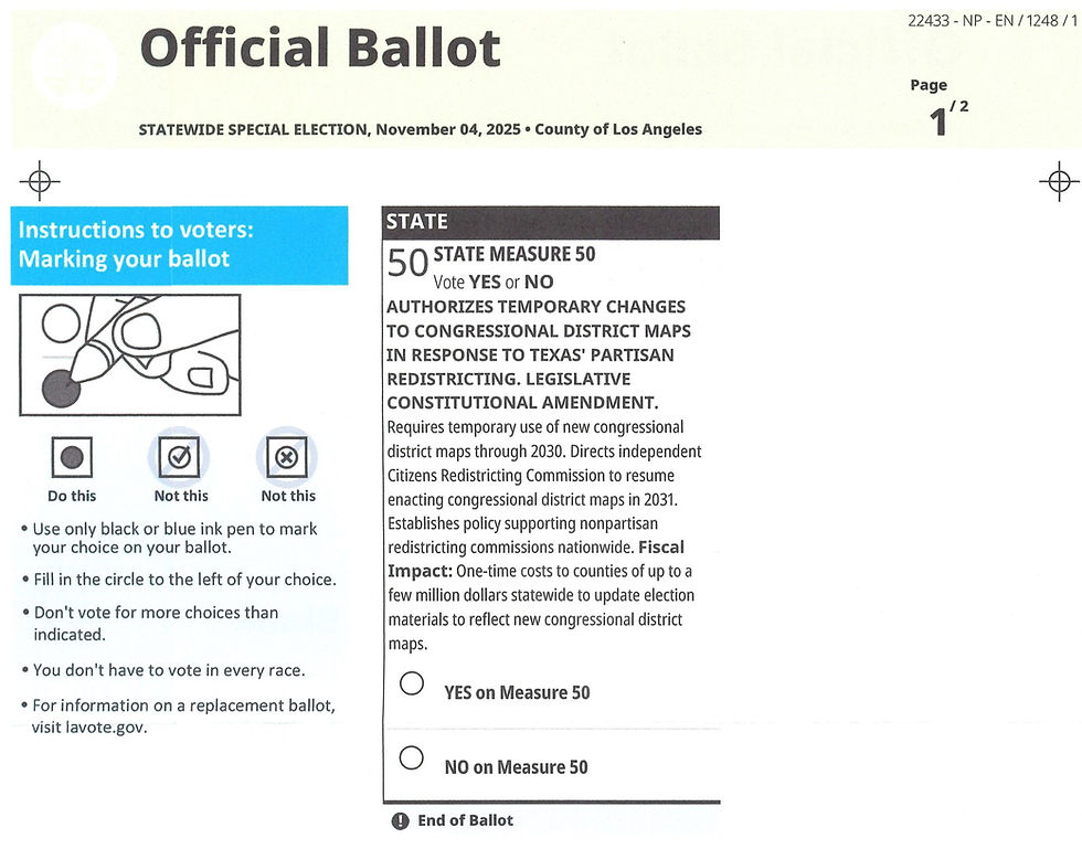 A Los Angeles County official ballot from the November 2025 statewide special election