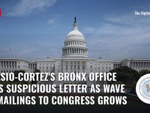 The west front of the U.S. Capitol with the headline "Ocasio-Cortez's Bronx office gets suspicious letter as wave of mailings to Congress grows" and a red NEWS tag