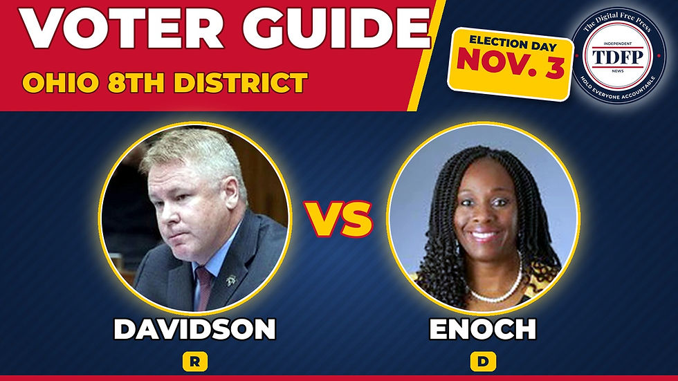 Voter guide card: Ohio 8th District, Warren Davidson and Vanessa Enoch