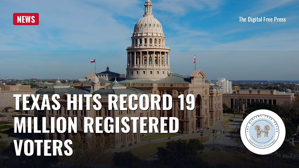 The Texas State Capitol in Austin (file photo), with the headline “Texas hits record 19 million registered voters,” a red NEWS tag and the TDFP logo.