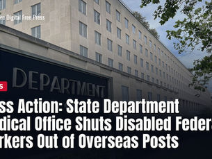 The State Department's Harry S. Truman Building in Washington with the headline: Class action says State Department medical office shuts disabled federal workers out of overseas posts