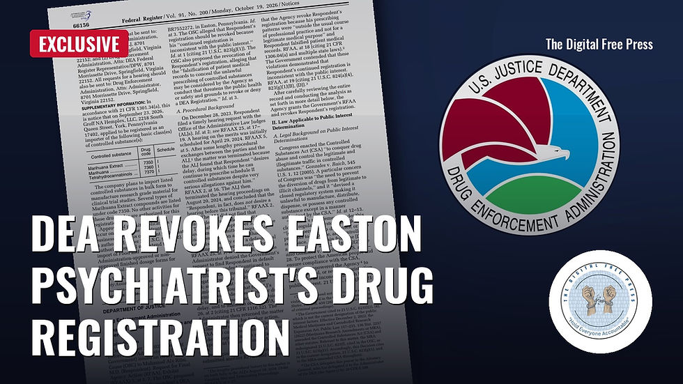 The Drug Enforcement Administration seal beside a page of the Federal Register, with a red TDFP EXCLUSIVE tag and the headline "DEA revokes Easton psychiatrist's drug registration."