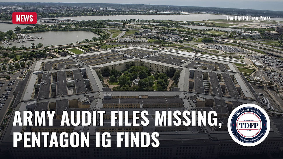 Aerial view of the Pentagon with the words Army Audit Files Missing, Pentagon IG Finds