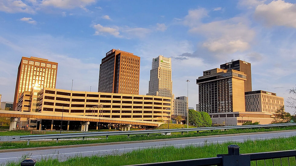 The downtown Akron, Ohio, skyline at sunset.