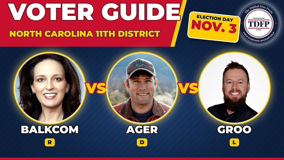 Voter guide card: North Carolina 11th District, Jennifer Balkcom, Jamie Ager and Travis Groo