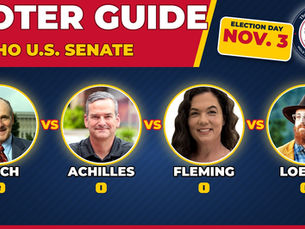 Voter guide card: Idaho U.S. Senate, Jim Risch, Todd Achilles, Natalie Fleming and Matt Loesby