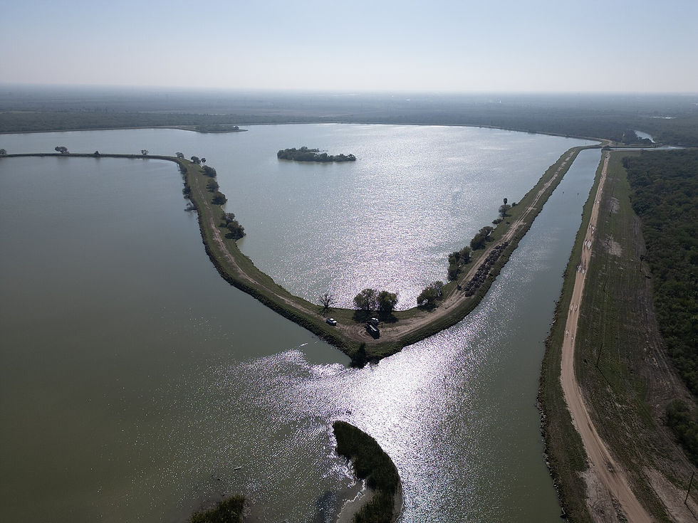 An aerial view of water storage and canals in the Rio Grande Valley.