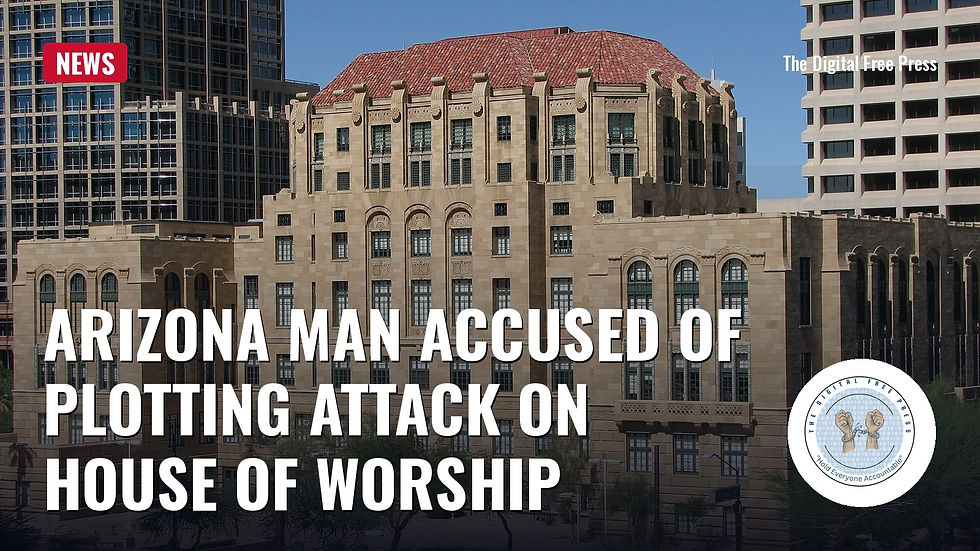 The historic Maricopa County Courthouse in Phoenix, with the headline "Arizona Man Accused of Plotting Attack on House of Worship" and a red NEWS tag