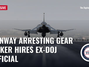 A fighter jet is stopped by a runway arresting barrier during a test, with the words Runway arresting gear maker hires ex-DOJ official