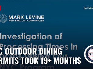 First page of the New York City Comptroller's investigation of outdoor dining permit processing times, with the words NYC Outdoor Dining Permits Took 19+ Months
