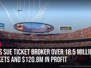 A packed Arrowhead Stadium as a B-2 bomber flies overhead, under a dark gradient with the headline “Feds Sue Ticket Broker Over 18.5 Million Tickets and $120.8M in Profit,” a red NEWS tag and the TDFP logo.
