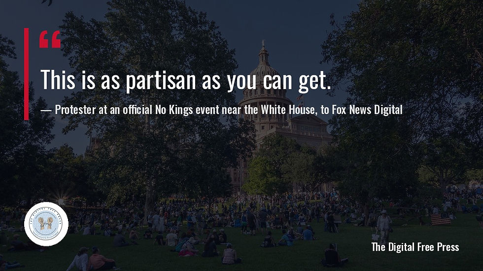 Quote card reading “This is as partisan as you can get.” attributed to a protester at a No Kings event near the White House, speaking to Fox News Digital, over a darkened file photo of a No Kings crowd at the Texas State Capitol.