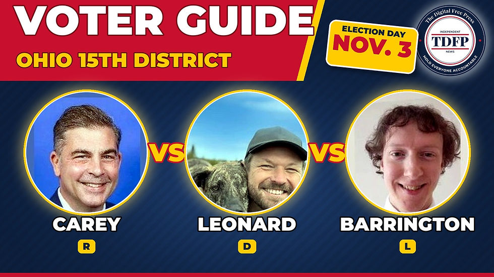 Voter guide card: Ohio 15th District, Mike Carey, Don Leonard and Brennan Barrington