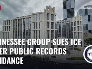 The Fred D. Thompson U.S. Courthouse in Nashville, with the words Tennessee Group Sues ICE Over Public Records Guidance