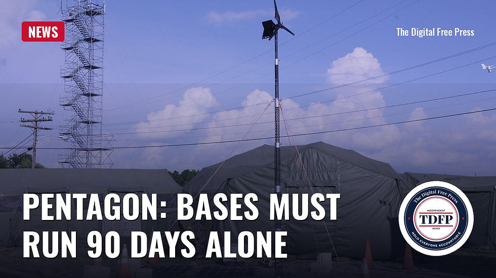 A tactical microgrid power system at Fort Dix, New Jersey, with the words Pentagon: Bases Must Run 90 Days Alone