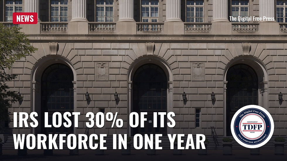 The Internal Revenue Service Building in Washington, D.C., with the words IRS Lost 30% of Its Workforce in One Year