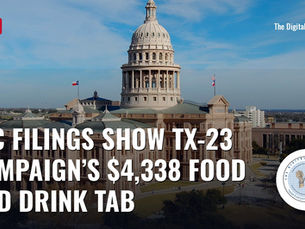 The Texas State Capitol in Austin (file photo), with the headline “FEC filings show TX-23 campaign’s $4,338 food and drink tab,” a red NEWS tag and the TDFP logo.
