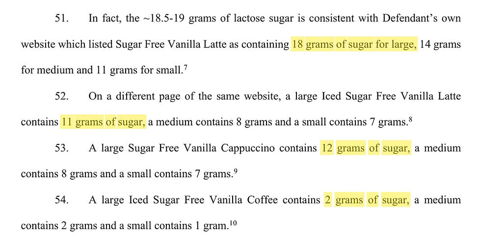 Excerpt of the McDonald's "Sugar Free" class action complaint listing the grams of sugar it says McDonald's website shows for each drink
