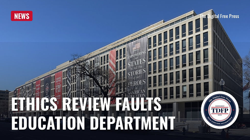 The Lyndon Baines Johnson Department of Education Building in Washington, D.C., with the words Ethics Review Faults Education Department