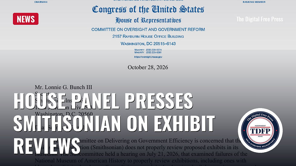First page of the House Oversight subcommittee letter to Smithsonian Secretary Lonnie Bunch III, with the words House Panel Presses Smithsonian on Exhibit Reviews