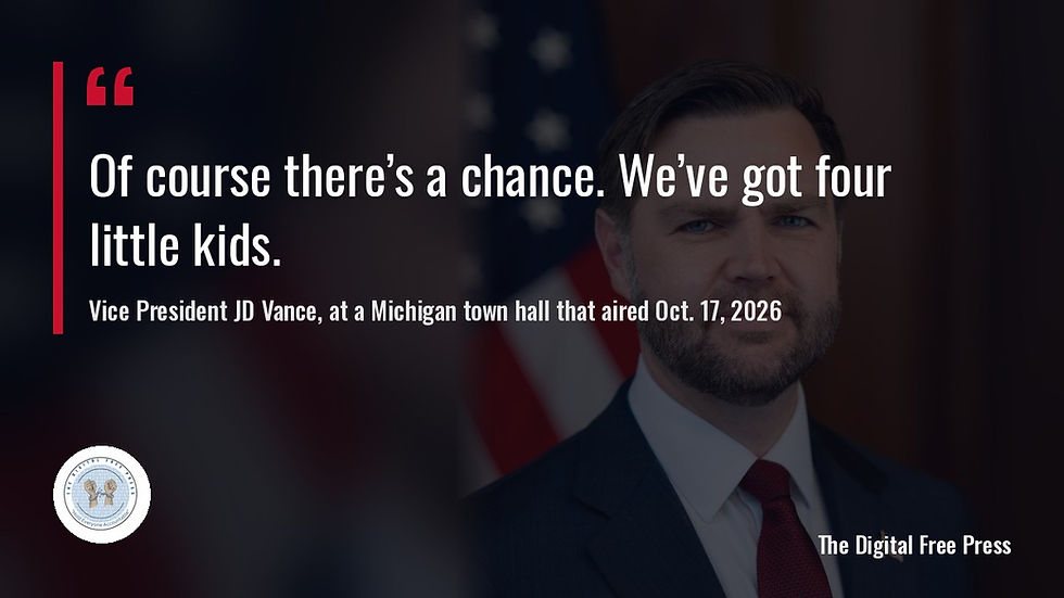 Quote card reading “Of course there’s a chance. We’ve got four little kids.” attributed to Vice President JD Vance, over a darkened official portrait of Vance.