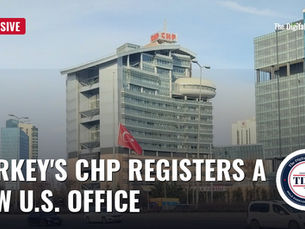 The Republican People's Party headquarters in Ankara, Turkey, with the words Turkey's CHP Registers a New U.S. Office