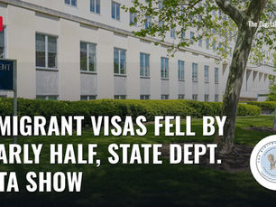 The State Department's Harry S. Truman Building in Washington with the headline "Immigrant visas fell by nearly half, State Dept. data show" and a red NEWS tag