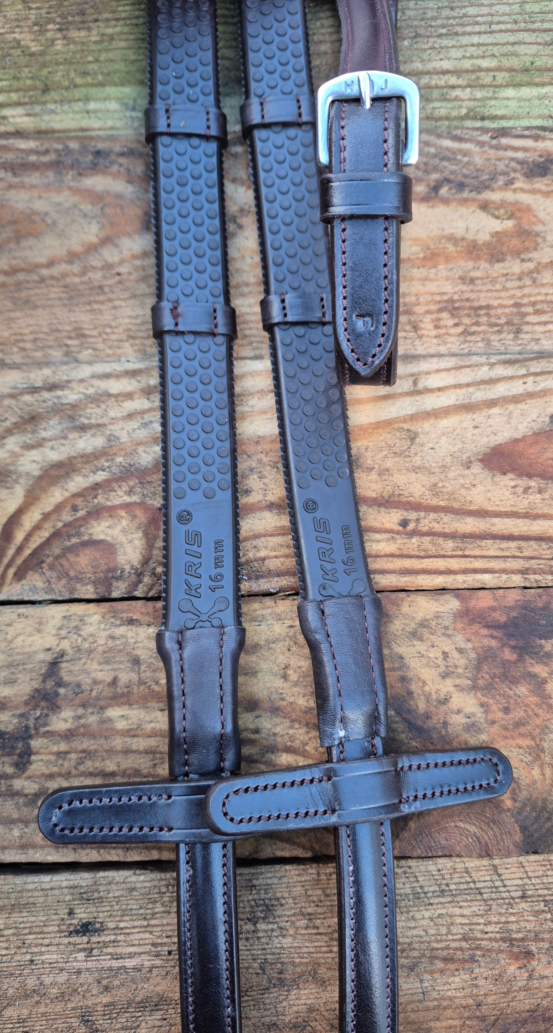 Bio Grip Hybrid Rubber Reins with Leather Stoppers Dark Havana Full Size