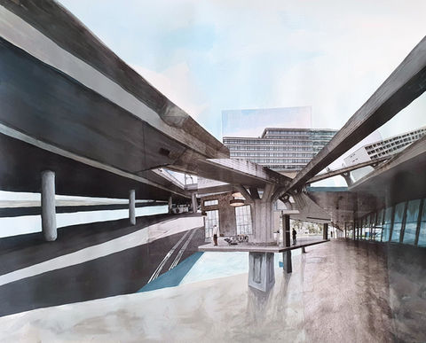 Zweidimensionales Werk, Mischung aus Collagen-Technik und Malerei, dargestellt wird eine moderne urbane Landschaft mit Gedanken zu Reizüberflutung und Entfremdung in der heutigen Welt.