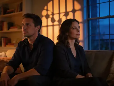 בני זוג יושבים על ספה, נראים קרובים פיזית אבל רחוקים רגשית (למשל, כל אחד בוהה בכיוון אחר או במסך).