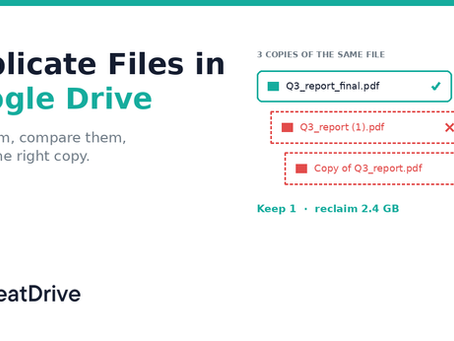 Promo graphic for NeatDrive: Duplicate Files in Google Drive, showing three PDF copies, one kept and two marked for delete.