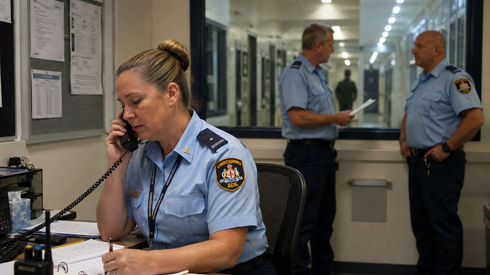 Correctional facility officers working in an administrative office.