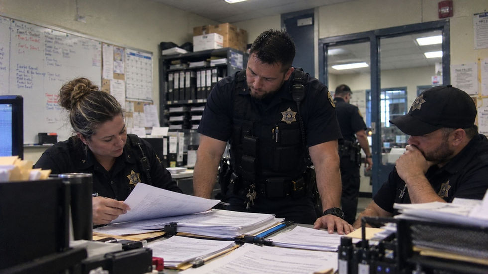 Correctional officer reviewing hiring and administrative documents at a facility office desk.